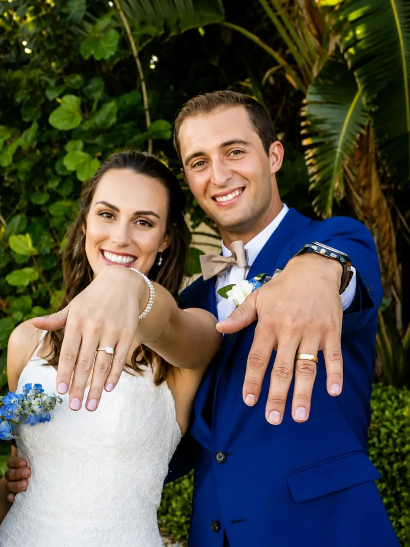 A smiling bride and groom hold out their hands to show their wedding rings.